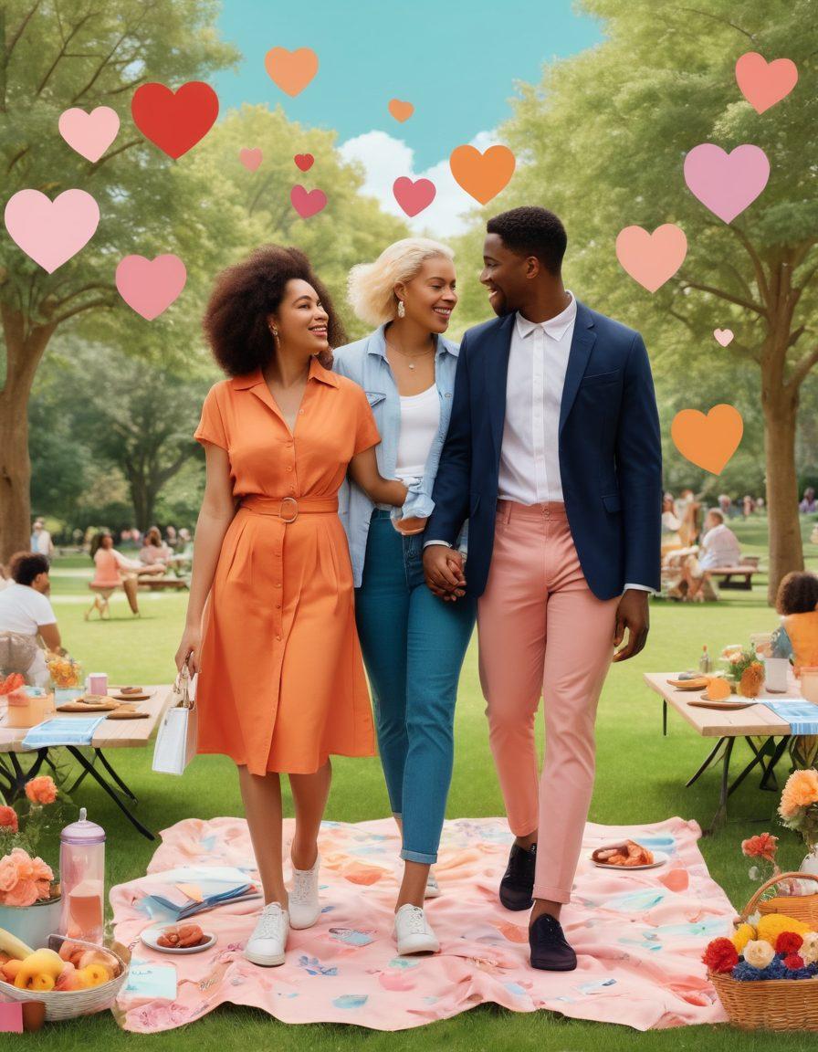 A vibrant collage showcasing diverse couples on a romantic outing, with individuals of varying body types and gender identities enjoying activities like walking in a park, sharing a picnic, and laughing together. Incorporate symbols of love like hearts and flowers around them, with a soft pastel color palette that evokes warmth and inclusivity. The background features abstract shapes representing modern relationships. super-realistic. vibrant colors. 3D.