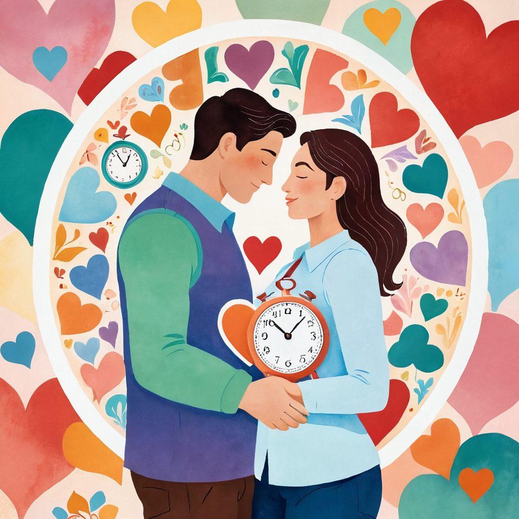 A couple embracing each other warmly, surrounded by vibrant heart shapes that symbolize love and compatibility. The scene is filled with soft pastel colors and playful curves to create an inviting atmosphere. Include subtle motifs of clocks and compasses in the background, representing time and direction in relationships. The couple should showcase diverse body types to celebrate curves and confidence. super-realistic. vibrant colors. white background.