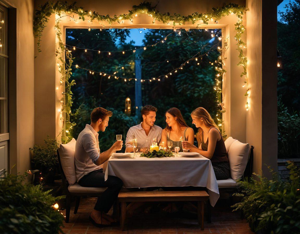 A warm, intimate setting featuring a couple sharing a soft gaze over a candlelit dinner, surrounded by lush greenery and twinkling fairy lights. The atmosphere conveys warmth and connection, with soft pillows and cozy textures enhancing the feeling of intimacy. Subtle heart shapes in the background symbolize affection and lasting partnership. romantic art style. vibrant colors. soft lighting.